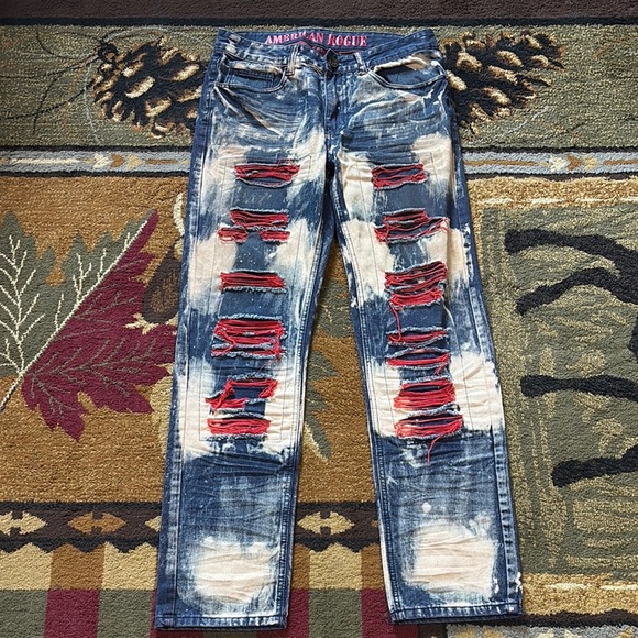 American Rogue Other - Skinny Blue and Red Jeans with Distressing‎ and Embroidery